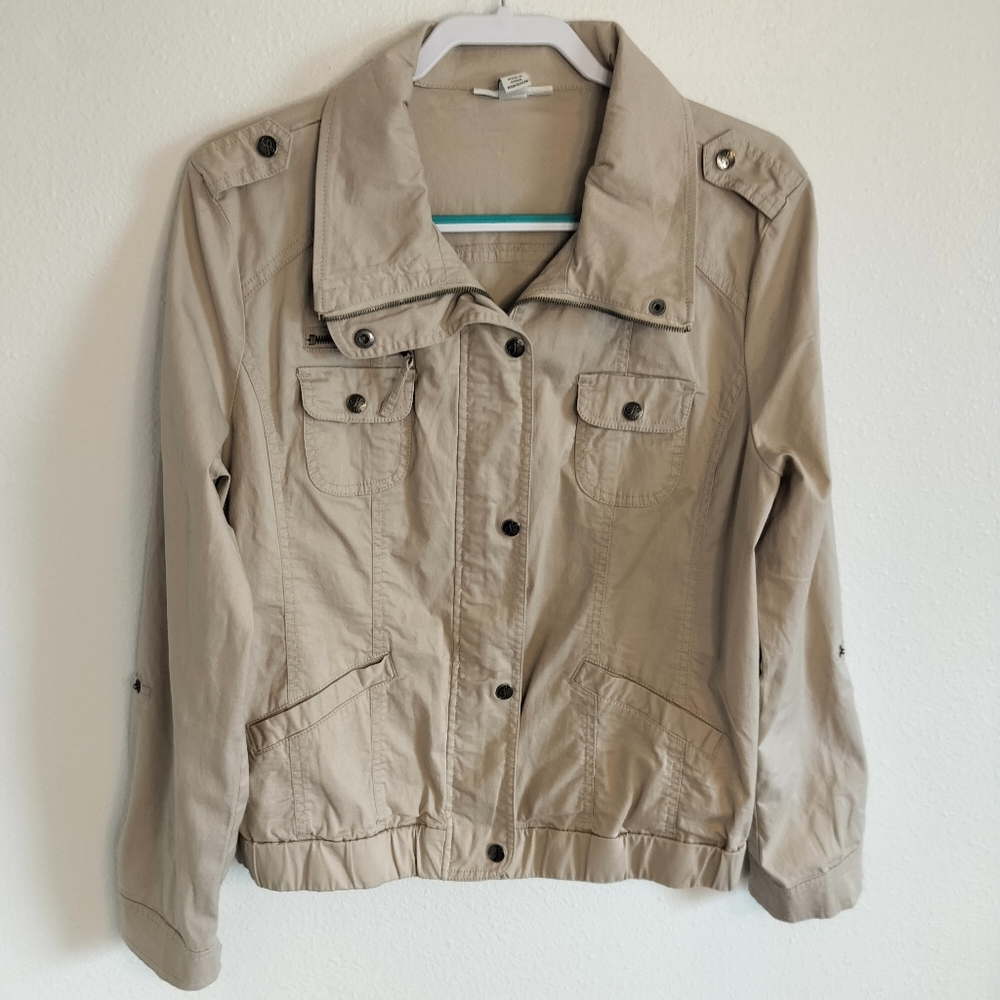 Style & Co Khaki Utility Cargo Jacket Size L gorpcore casual chic monochromatic